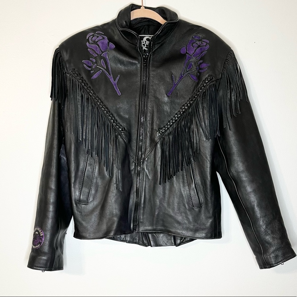 SHAF Leather Collections Black Fringe Purple Roses Jacket Iron Horse 96 Size XXL